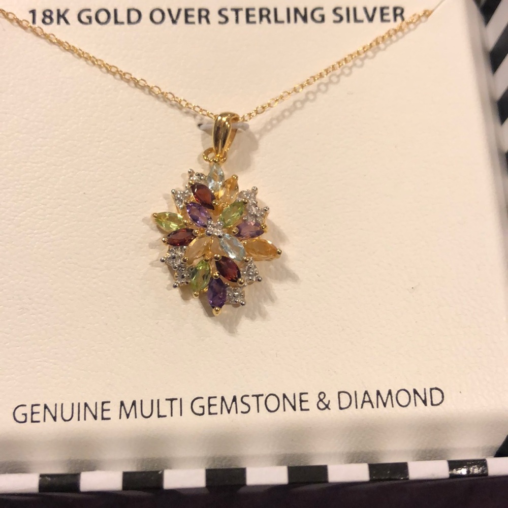 18 k YG over SS genuine gems and diamond necklace